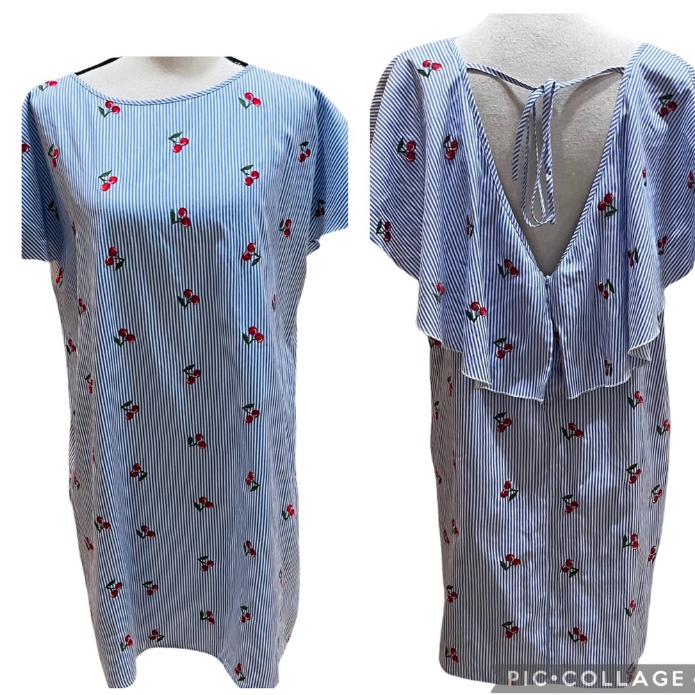 Buffalo David Bitton Blue & White Pin Striped Shift Cherries Sz L Mini